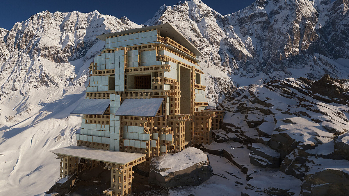 Rendering einer alpinen Schutzhütte aus H-Blocks